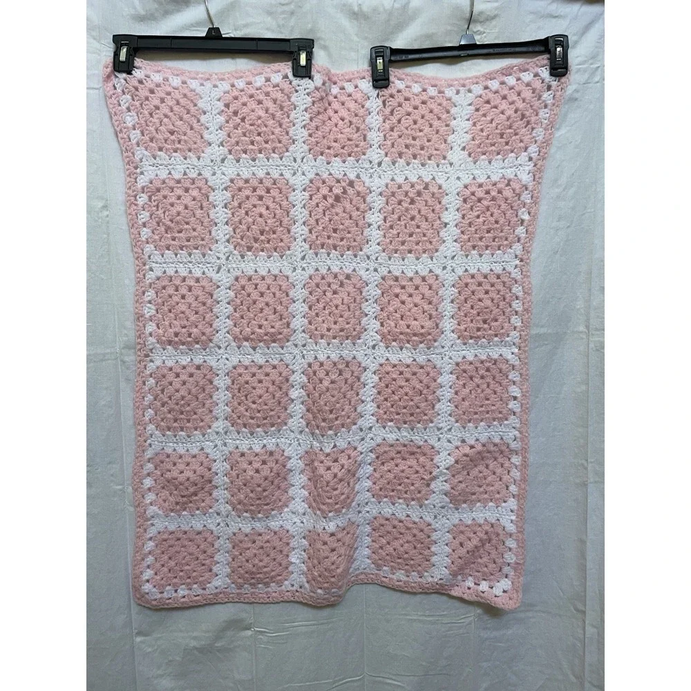 Handmade Pink White Square Afghan Crochet Baby Blanket Lot Of 2